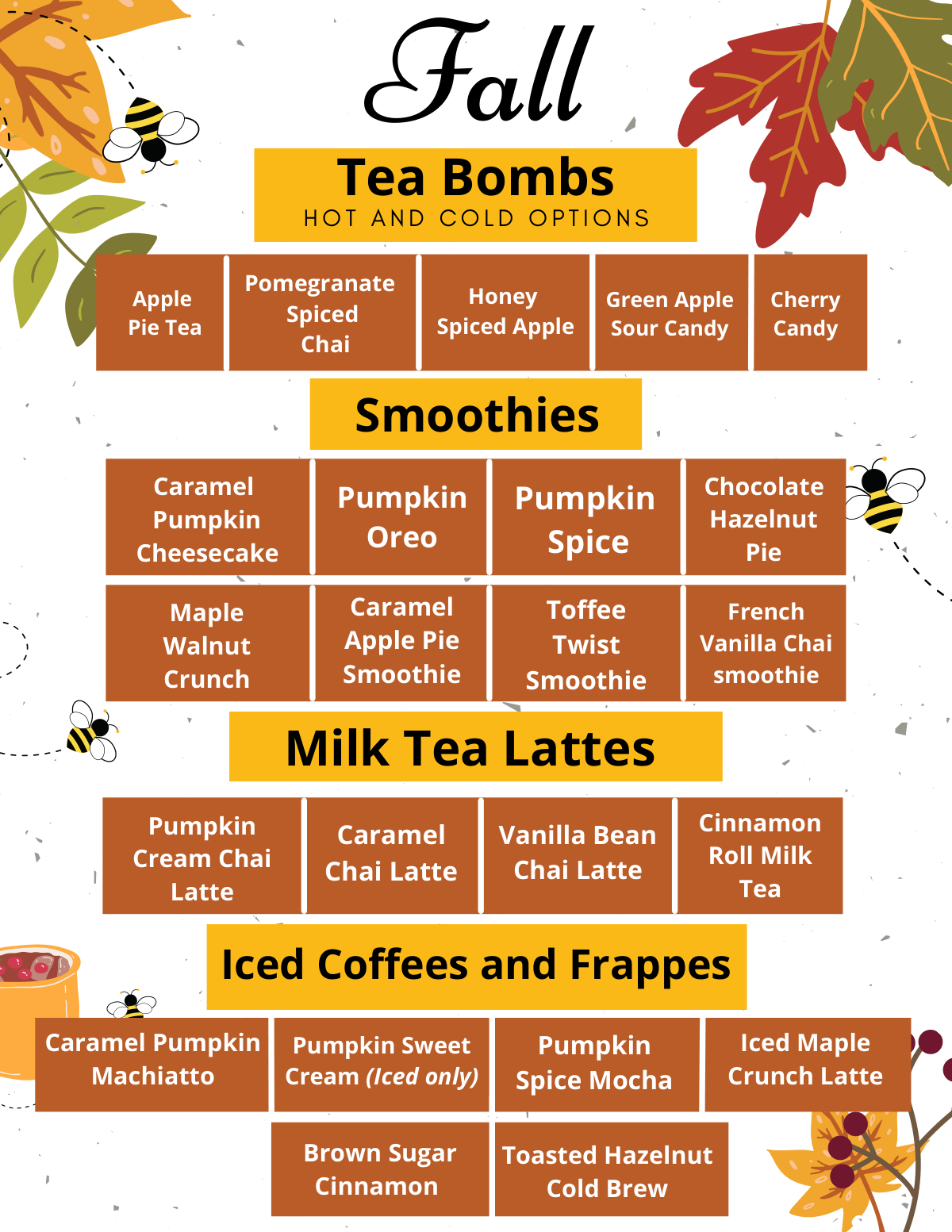 Fall cold drinks flyer at The Healthy Hive — tea bombs, smoothies, milk tea lattes, and iced coffees