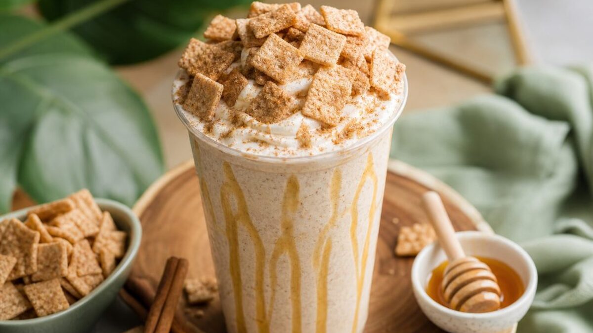 Spiced protein shake with cinnamon cereal and honey