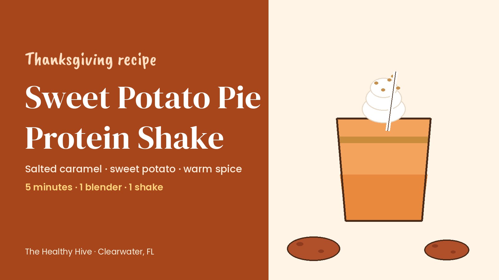 Illustrated recipe card for a sweet potato pie protein shake: an orange shake in a glass with whipped topping and graham crumbs, next to two sweet potatoes